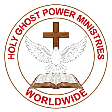 Het logo van Holy Ghost Power Ministries Worldwide: kruis, duif en geopende Bijbel
