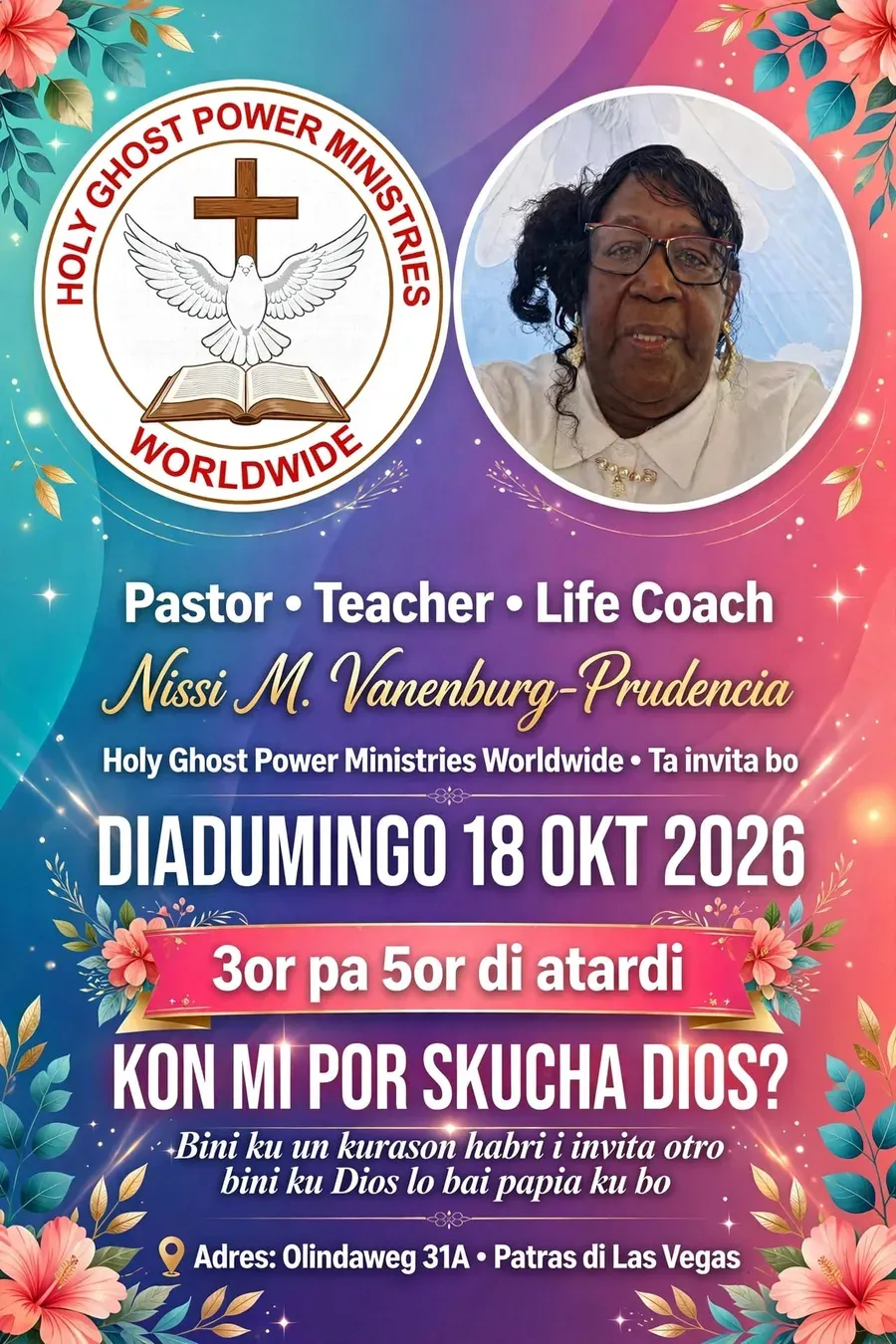 Uitnodiging Kon mi por skucha Dios op zondag 18 oktober 2026 met Nissi M. Vanenburg-Prudencia